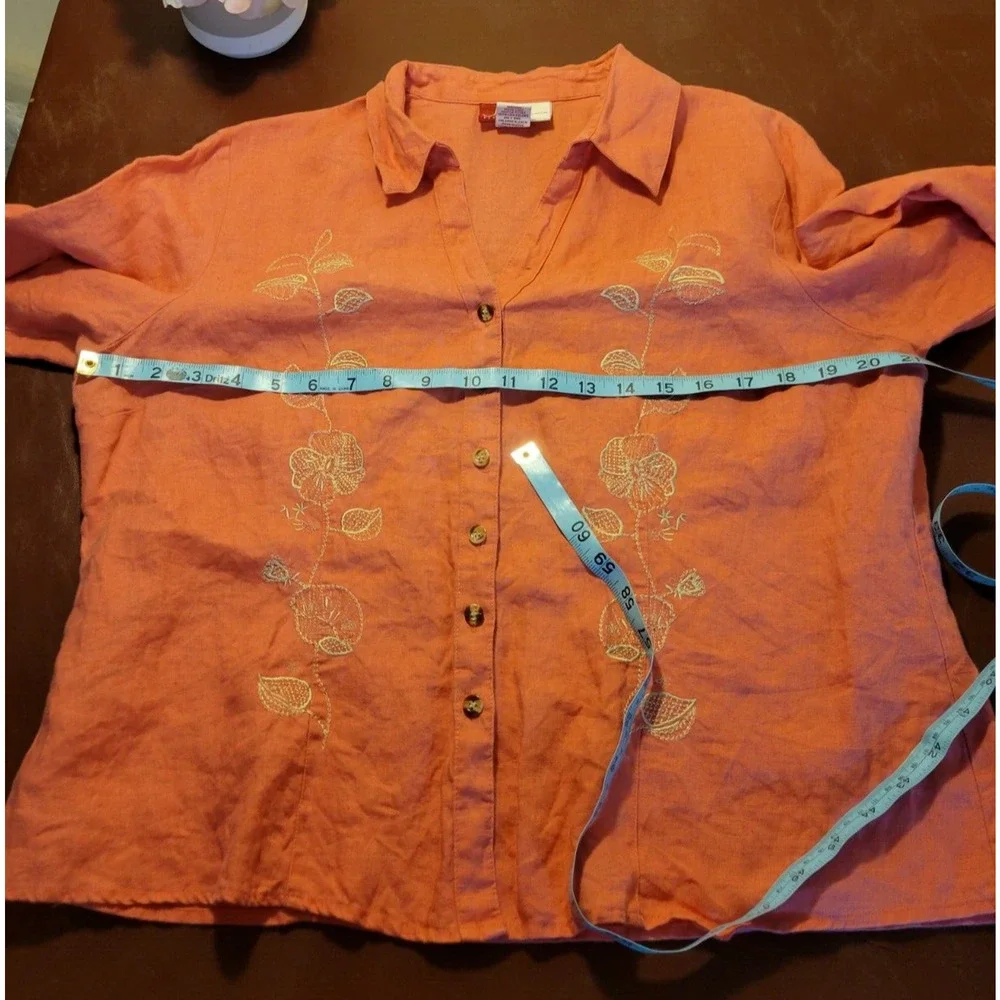 JM Collection Peach Embroidered 100% linen 3/4 Sleeve‎ Top Women's Size 14P